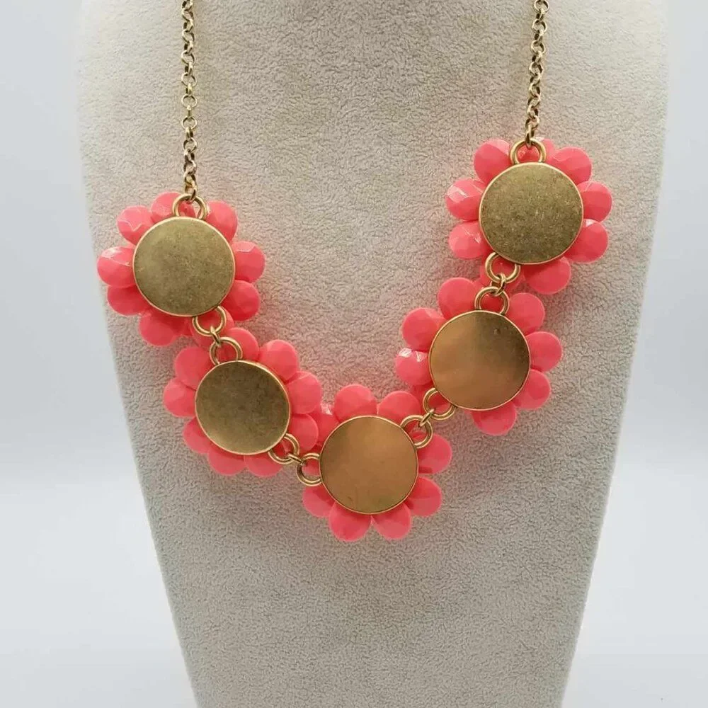 J Crew Coral / Orange Resin Floral Necklace with Crystals